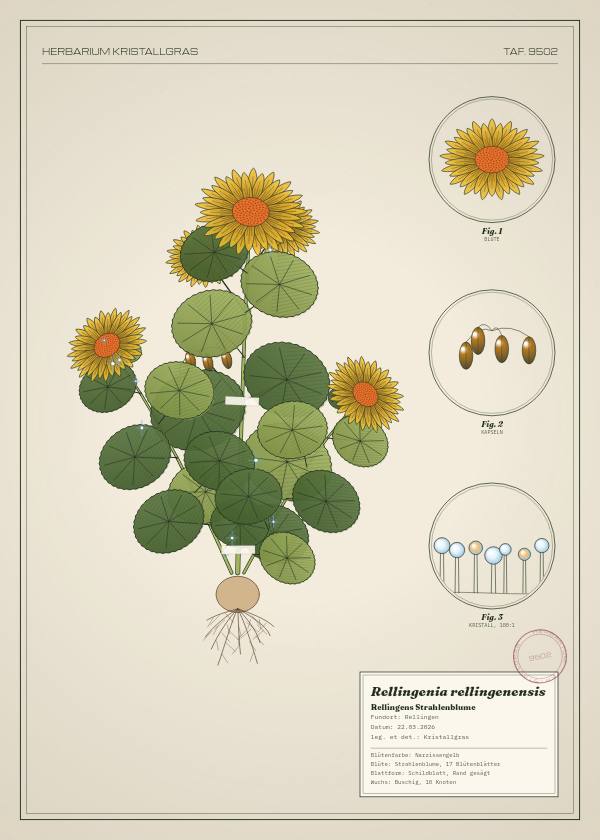Botanische Tafel: Rellingenia rellingenensis, eine erfundene Pflanze aus Rellingen, gezeichnet wie in einem alten Pflanzenatlas