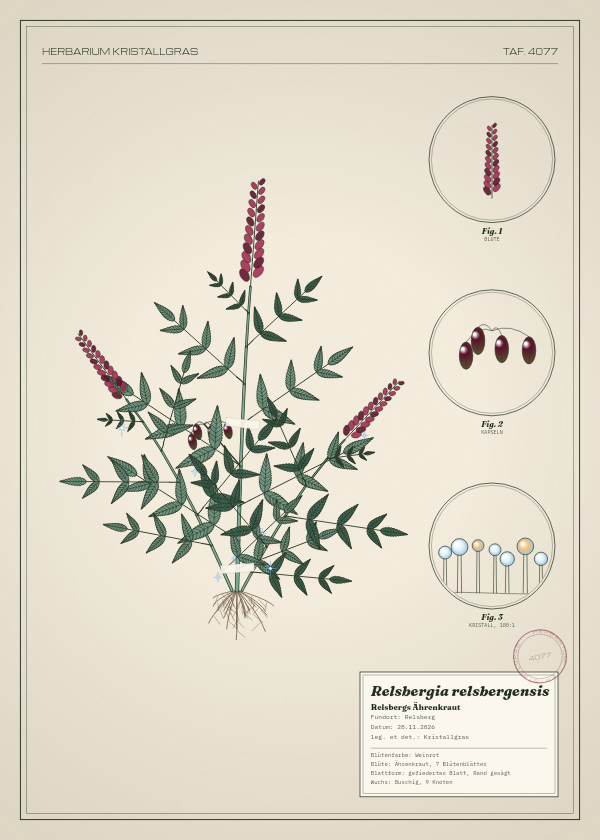 Botanische Tafel: Relsbergia relsbergensis, eine erfundene Pflanze aus Relsberg, gezeichnet wie in einem alten Pflanzenatlas