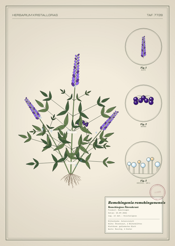 Botanische Tafel: Remchingenia remchingenensis, eine erfundene Pflanze aus Remchingen, gezeichnet wie in einem alten Pflanzenatlas