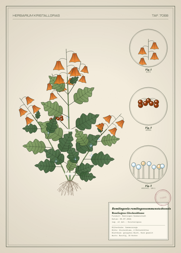 Botanische Tafel: Remlingenia remlingensemmenstedtensis, eine erfundene Pflanze aus Remlingen-Semmenstedt, gezeichnet wie in einem alten Pflanzenatlas