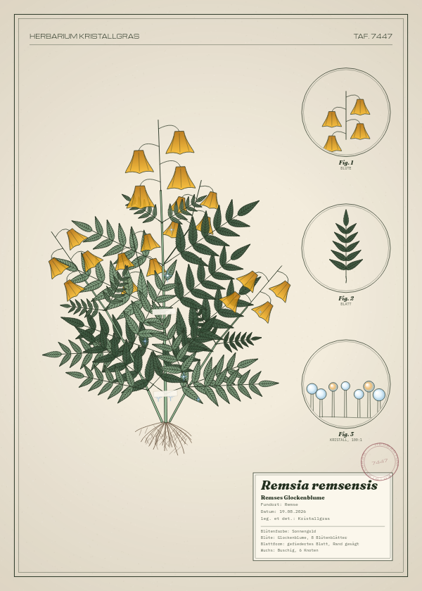 Botanische Tafel: Remsia remsensis, eine erfundene Pflanze aus Remse, gezeichnet wie in einem alten Pflanzenatlas