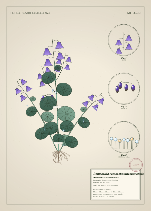 Botanische Tafel: Remseckia remseckamneckarensis, eine erfundene Pflanze aus Remseck am Neckar, gezeichnet wie in einem alten Pflanzenatlas
