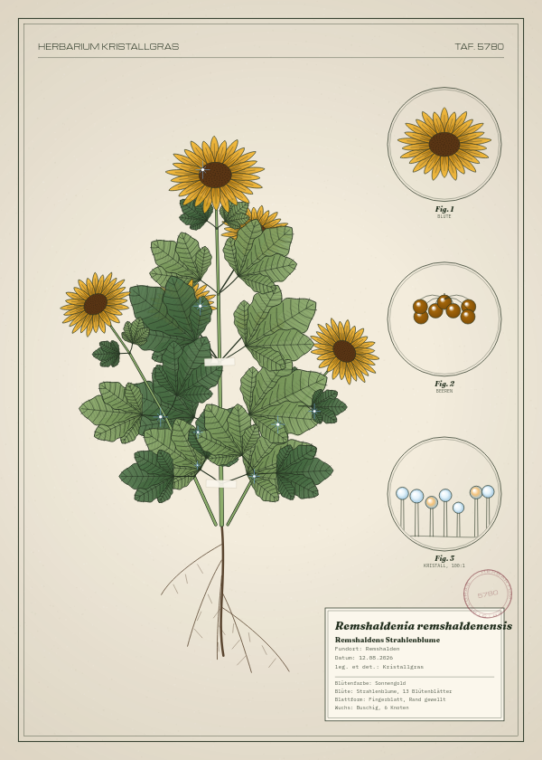 Botanische Tafel: Remshaldenia remshaldenensis, eine erfundene Pflanze aus Remshalden, gezeichnet wie in einem alten Pflanzenatlas