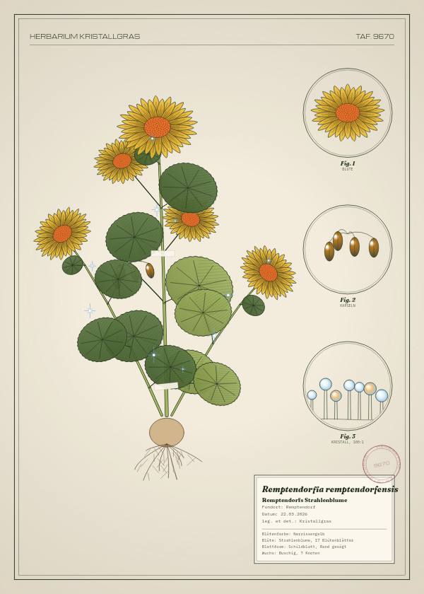 Botanische Tafel: Remptendorfia remptendorfensis, eine erfundene Pflanze aus Remptendorf, gezeichnet wie in einem alten Pflanzenatlas