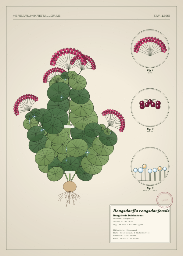 Botanische Tafel: Rengsdorfia rengsdorfensis, eine erfundene Pflanze aus Rengsdorf, gezeichnet wie in einem alten Pflanzenatlas