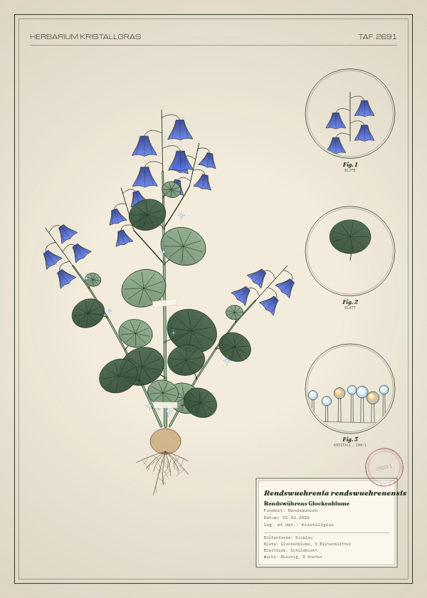 Botanische Tafel: Rendswuehrenia rendswuehrenensis, eine erfundene Pflanze aus Rendswühren, gezeichnet wie in einem alten Pflanzenatlas