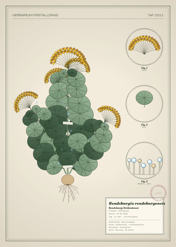 Botanische Tafel: Rendsburgia rendsburgensis, eine erfundene Pflanze aus Rendsburg, gezeichnet wie in einem alten Pflanzenatlas