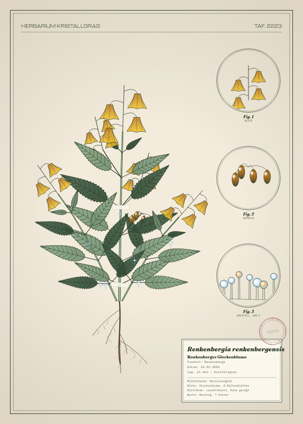 Botanische Tafel: Renkenbergia renkenbergensis, eine erfundene Pflanze aus Renkenberge, gezeichnet wie in einem alten Pflanzenatlas