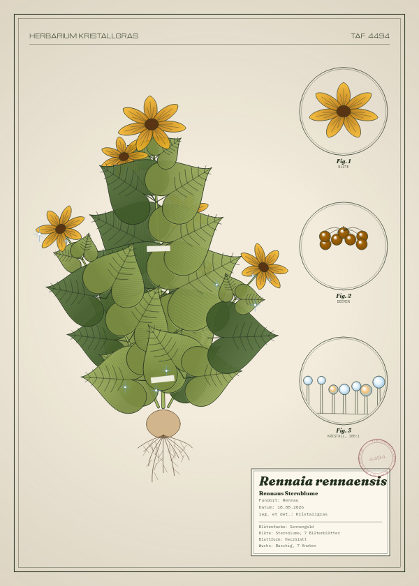 Botanische Tafel: Rennaia rennaensis, eine erfundene Pflanze aus Rennau, gezeichnet wie in einem alten Pflanzenatlas