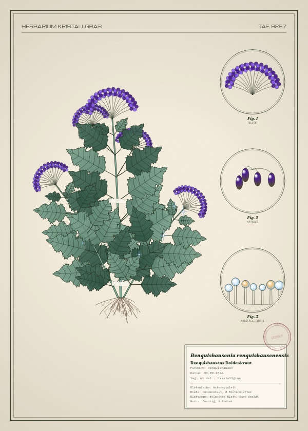 Botanische Tafel: Renquishausenia renquishausenensis, eine erfundene Pflanze aus Renquishausen, gezeichnet wie in einem alten Pflanzenatlas