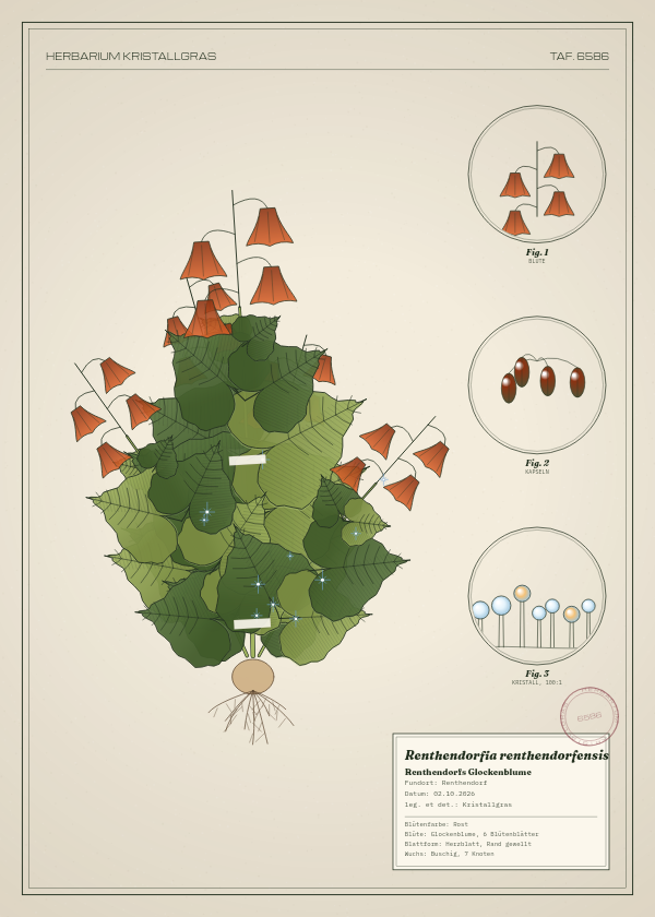 Botanische Tafel: Renthendorfia renthendorfensis, eine erfundene Pflanze aus Renthendorf, gezeichnet wie in einem alten Pflanzenatlas