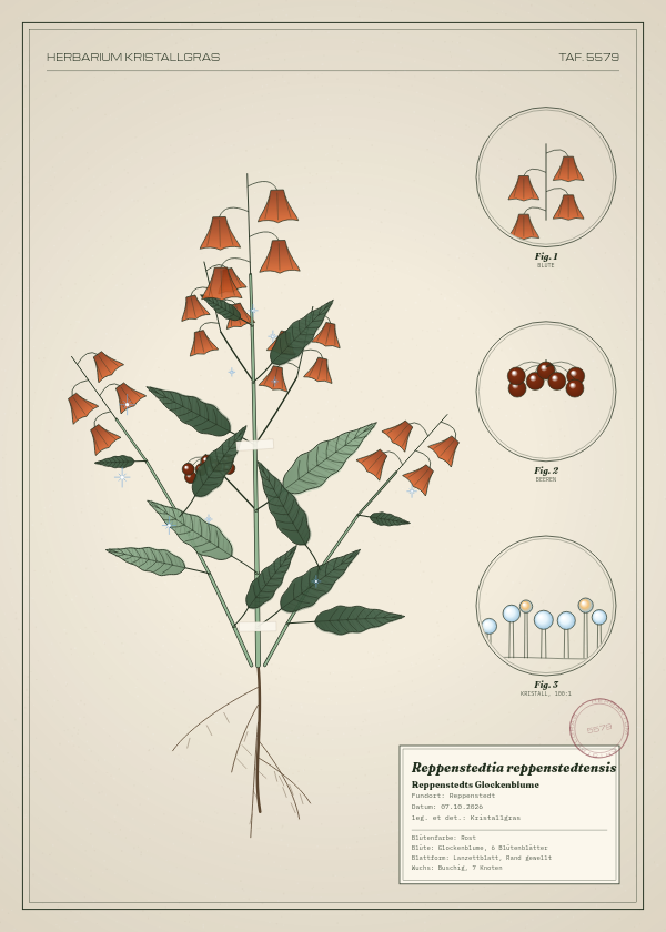 Botanische Tafel: Reppenstedtia reppenstedtensis, eine erfundene Pflanze aus Reppenstedt, gezeichnet wie in einem alten Pflanzenatlas