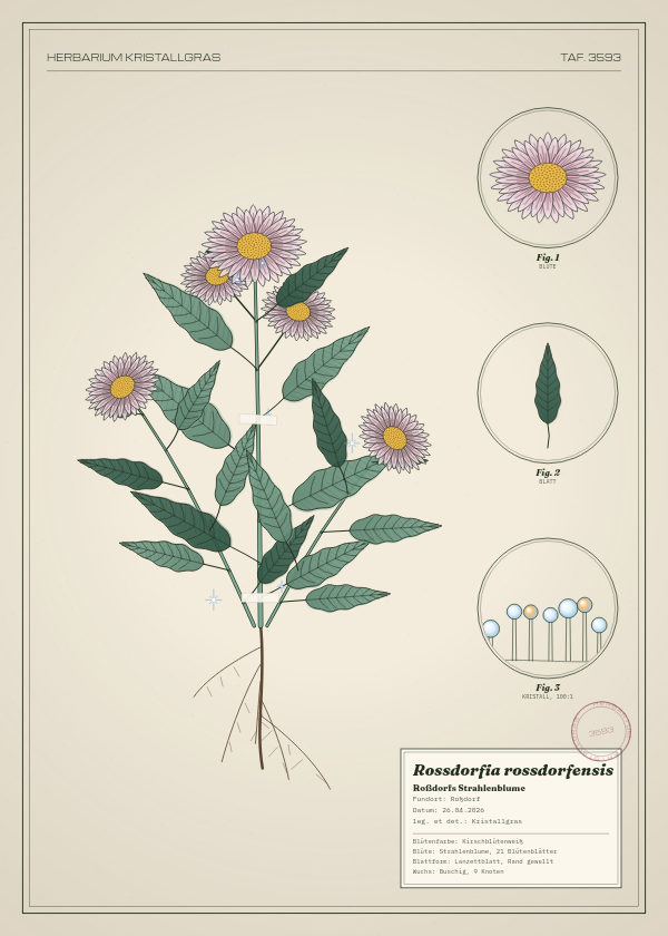 Botanische Tafel: Rossdorfia rossdorfensis, eine erfundene Pflanze aus Roßdorf, gezeichnet wie in einem alten Pflanzenatlas