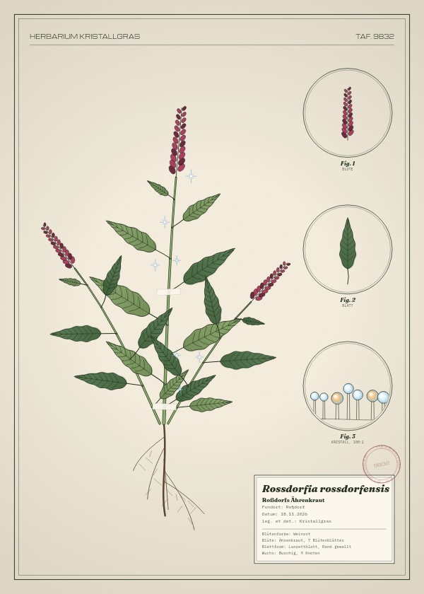 Botanische Tafel: Rossdorfia rossdorfensis, eine erfundene Pflanze aus Roßdorf, gezeichnet wie in einem alten Pflanzenatlas