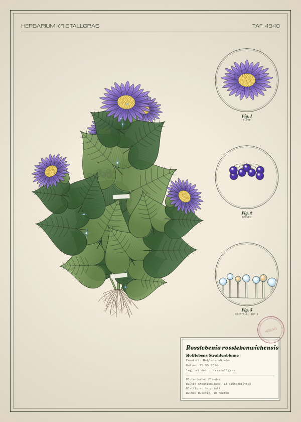 Botanische Tafel: Rosslebenia rosslebenwiehensis, eine erfundene Pflanze aus Roßleben-Wiehe, gezeichnet wie in einem alten Pflanzenatlas