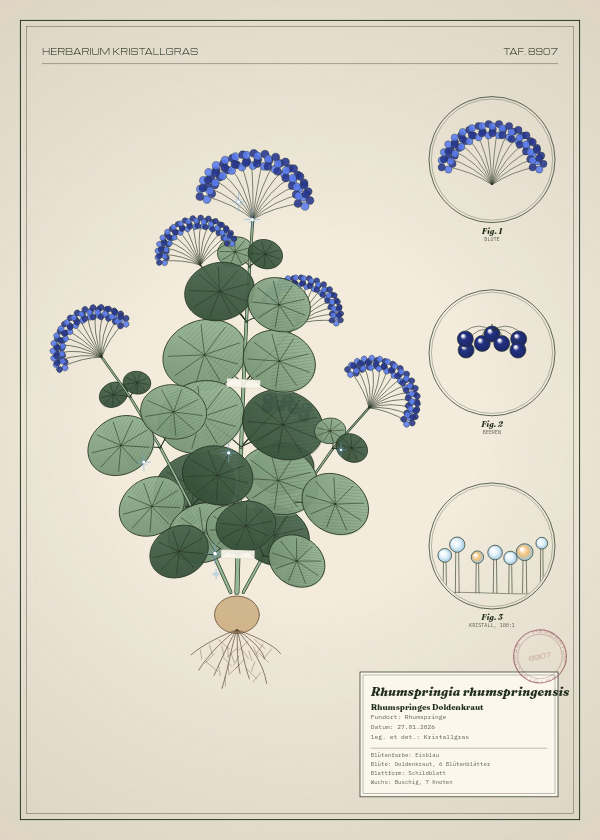 Botanische Tafel: Rhumspringia rhumspringensis, eine erfundene Pflanze aus Rhumspringe, gezeichnet wie in einem alten Pflanzenatlas
