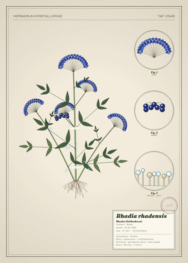 Botanische Tafel: Rhadia rhadensis, eine erfundene Pflanze aus Rhade, gezeichnet wie in einem alten Pflanzenatlas