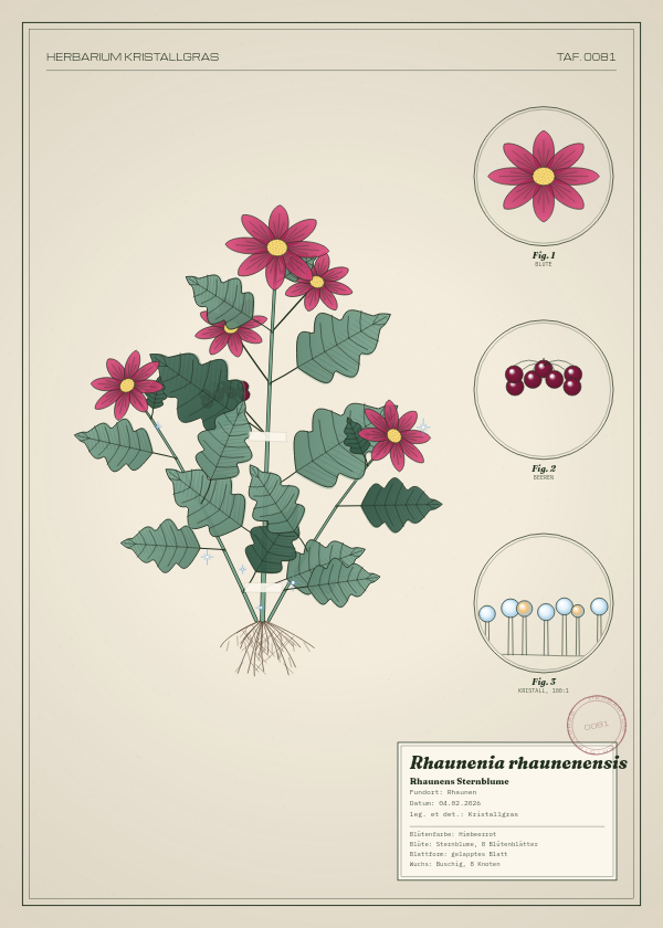 Botanische Tafel: Rhaunenia rhaunenensis, eine erfundene Pflanze aus Rhaunen, gezeichnet wie in einem alten Pflanzenatlas