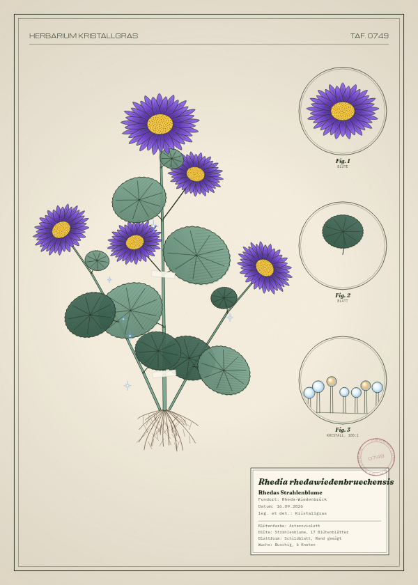 Botanische Tafel: Rhedia rhedawiedenbrueckensis, eine erfundene Pflanze aus Rheda-Wiedenbrück, gezeichnet wie in einem alten Pflanzenatlas