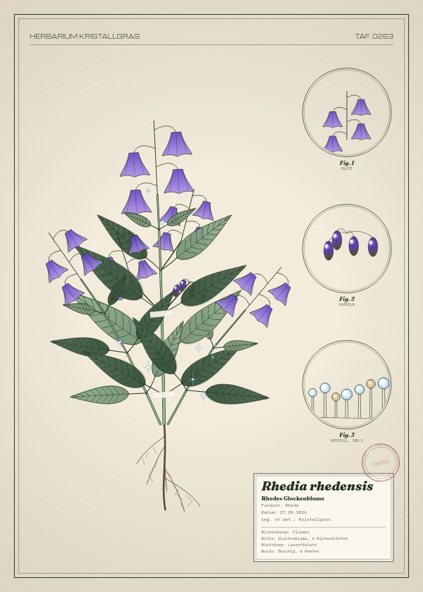 Botanische Tafel: Rhedia rhedensis, eine erfundene Pflanze aus Rhede, gezeichnet wie in einem alten Pflanzenatlas