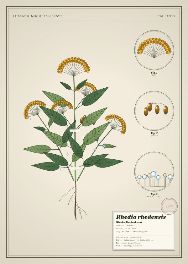 Botanische Tafel: Rhedia rhedensis, eine erfundene Pflanze aus Rhede, gezeichnet wie in einem alten Pflanzenatlas