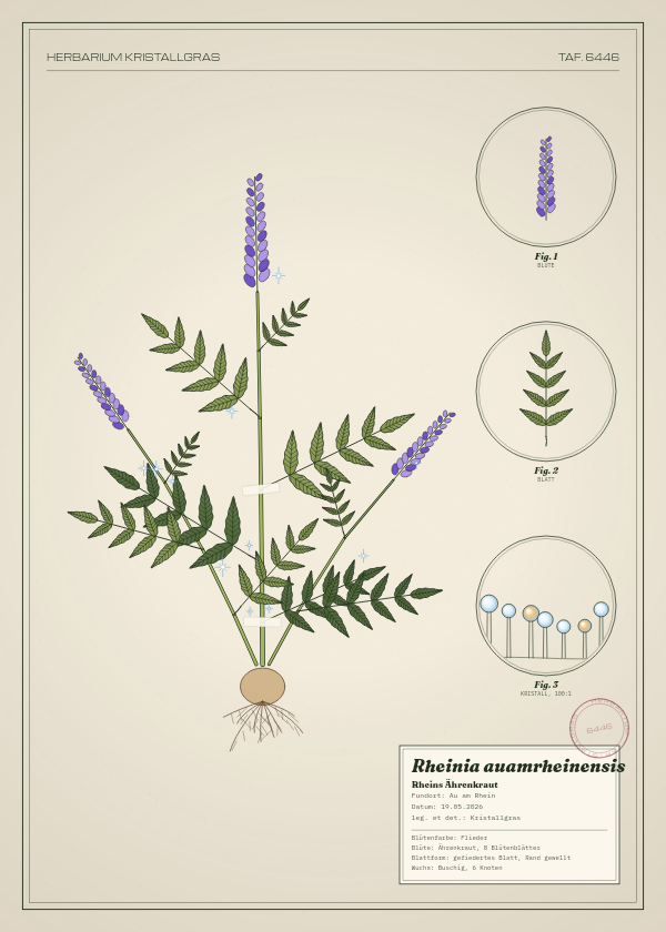 Botanische Tafel: Rheinia auamrheinensis, eine erfundene Pflanze aus Au am Rhein, gezeichnet wie in einem alten Pflanzenatlas