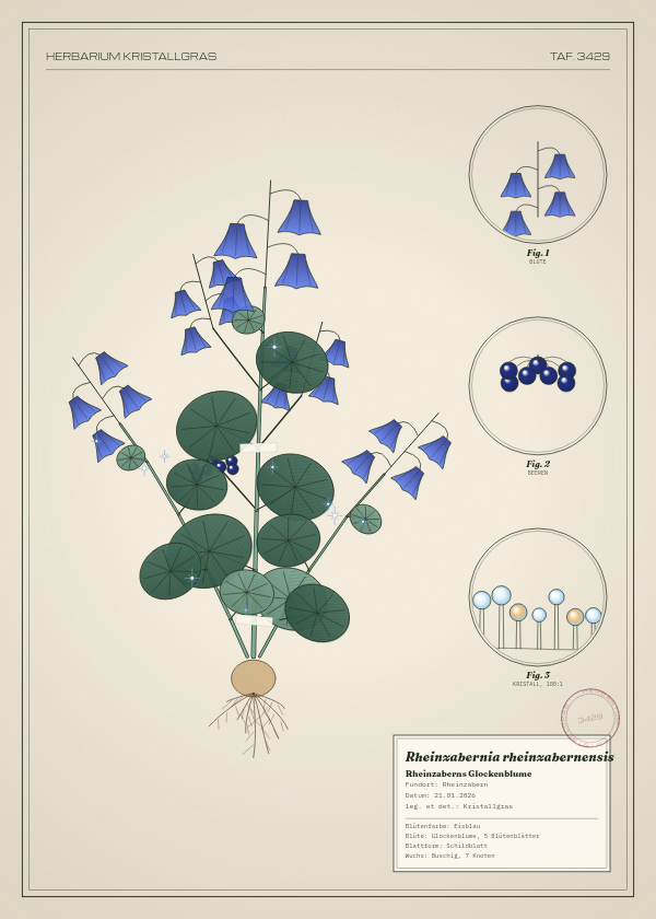Botanische Tafel: Rheinzabernia rheinzabernensis, eine erfundene Pflanze aus Rheinzabern, gezeichnet wie in einem alten Pflanzenatlas
