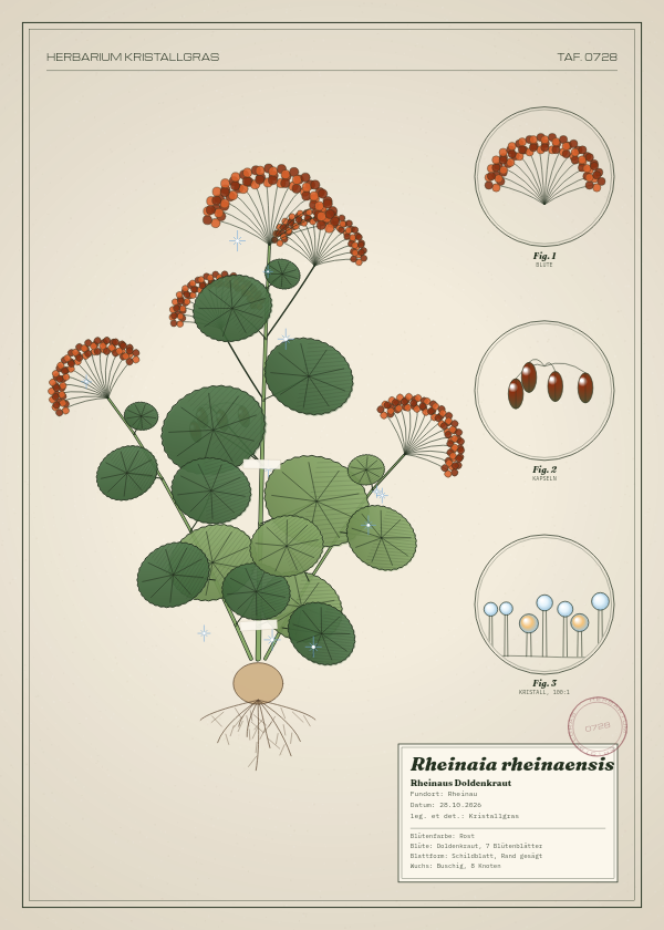 Botanische Tafel: Rheinaia rheinaensis, eine erfundene Pflanze aus Rheinau, gezeichnet wie in einem alten Pflanzenatlas