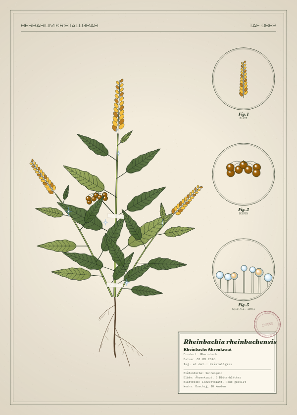 Botanische Tafel: Rheinbachia rheinbachensis, eine erfundene Pflanze aus Rheinbach, gezeichnet wie in einem alten Pflanzenatlas