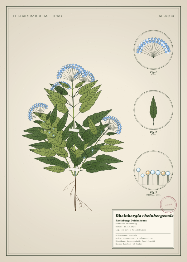 Botanische Tafel: Rheinbergia rheinbergensis, eine erfundene Pflanze aus Rheinberg, gezeichnet wie in einem alten Pflanzenatlas
