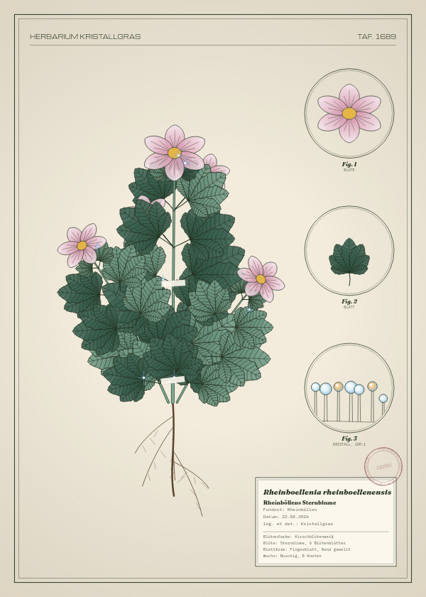 Botanische Tafel: Rheinboellenia rheinboellenensis, eine erfundene Pflanze aus Rheinböllen, gezeichnet wie in einem alten Pflanzenatlas