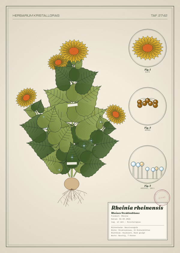 Botanische Tafel: Rheinia rheinensis, eine erfundene Pflanze aus Rheine, gezeichnet wie in einem alten Pflanzenatlas