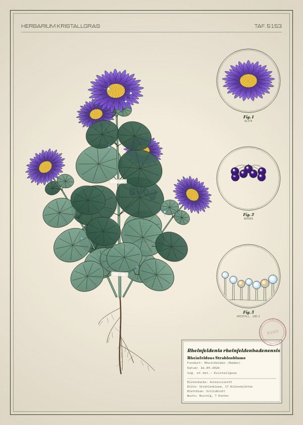 Botanische Tafel: Rheinfeldenia rheinfeldenbadenensis, eine erfundene Pflanze aus Rheinfelden (Baden), gezeichnet wie in einem alten Pflanzenatlas