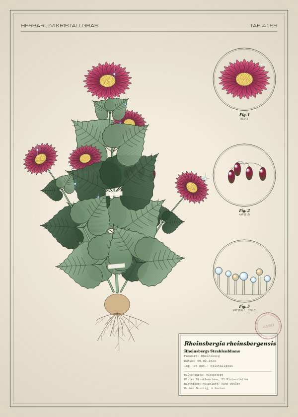 Botanische Tafel: Rheinsbergia rheinsbergensis, eine erfundene Pflanze aus Rheinsberg, gezeichnet wie in einem alten Pflanzenatlas