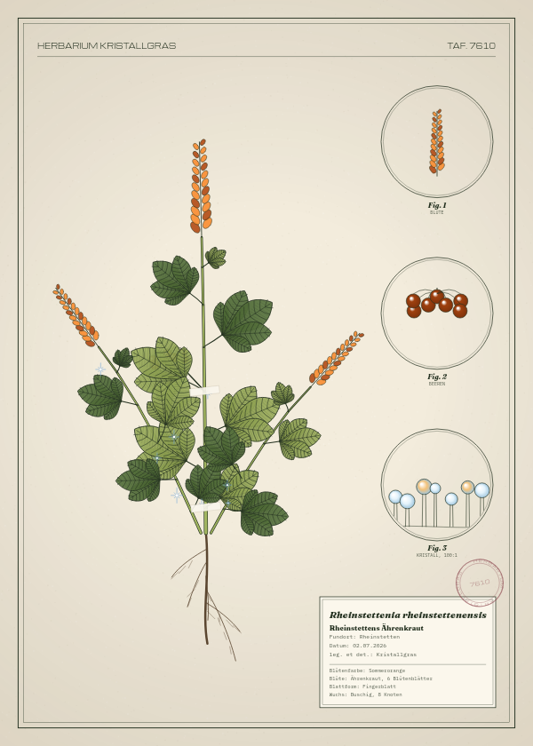 Botanische Tafel: Rheinstettenia rheinstettenensis, eine erfundene Pflanze aus Rheinstetten, gezeichnet wie in einem alten Pflanzenatlas
