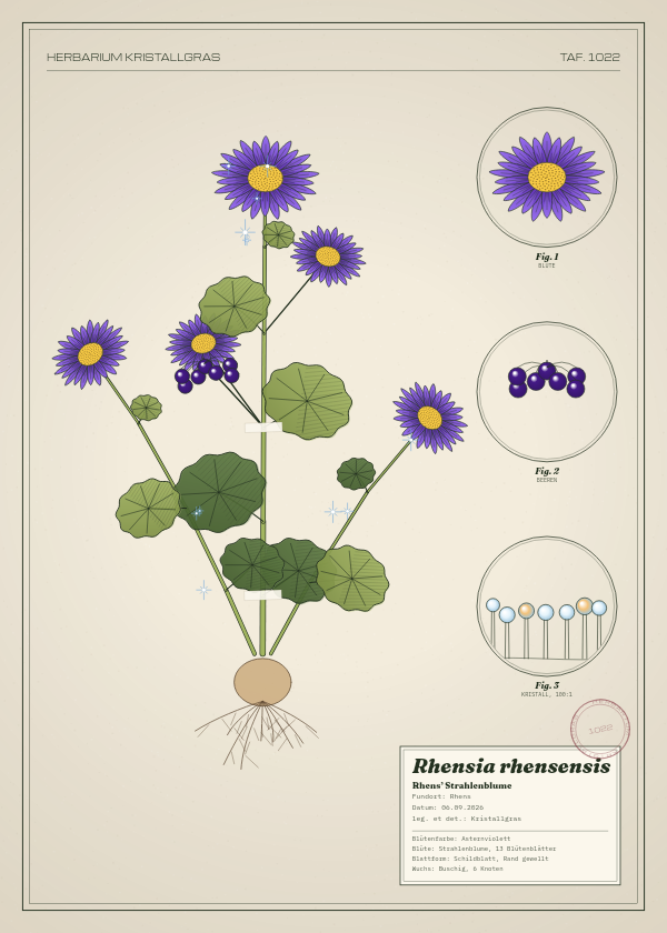 Botanische Tafel: Rhensia rhensensis, eine erfundene Pflanze aus Rhens, gezeichnet wie in einem alten Pflanzenatlas