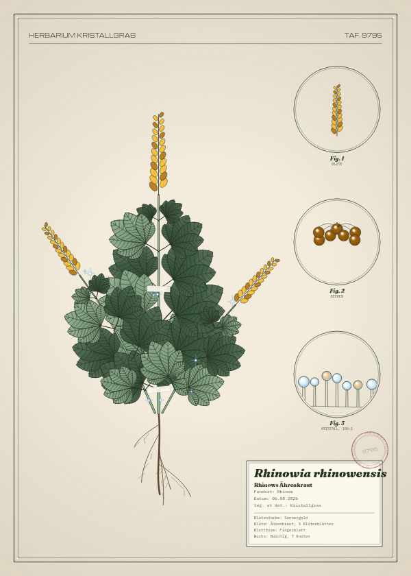 Botanische Tafel: Rhinowia rhinowensis, eine erfundene Pflanze aus Rhinow, gezeichnet wie in einem alten Pflanzenatlas