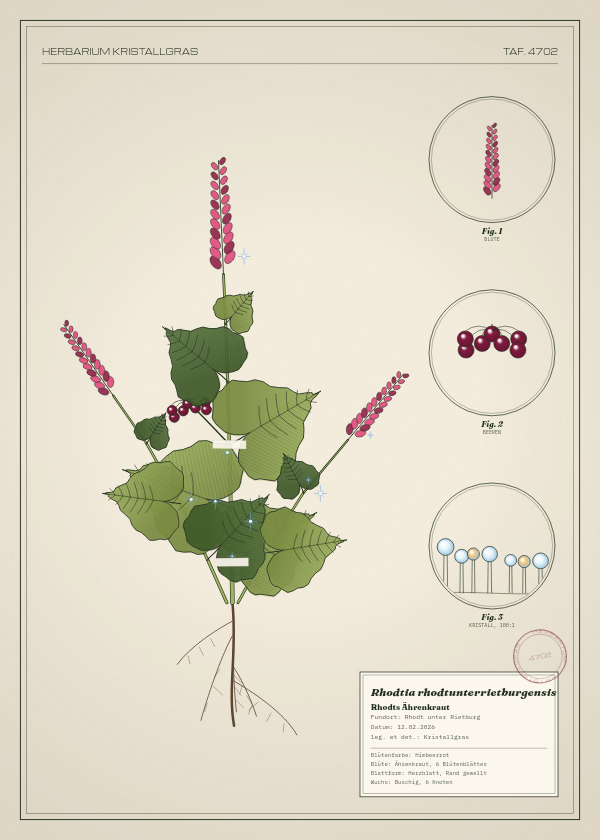 Botanische Tafel: Rhodtia rhodtunterrietburgensis, eine erfundene Pflanze aus Rhodt unter Rietburg, gezeichnet wie in einem alten Pflanzenatlas