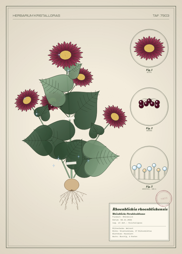 Botanische Tafel: Rhoenblickia rhoenblickensis, eine erfundene Pflanze aus Rhönblick, gezeichnet wie in einem alten Pflanzenatlas