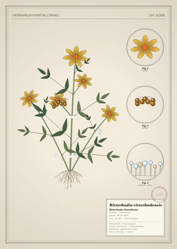 Botanische Tafel: Ritterhudia ritterhudensis, eine erfundene Pflanze aus Ritterhude, gezeichnet wie in einem alten Pflanzenatlas