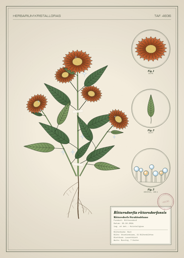 Botanische Tafel: Rittersdorfia rittersdorfensis, eine erfundene Pflanze aus Rittersdorf, gezeichnet wie in einem alten Pflanzenatlas