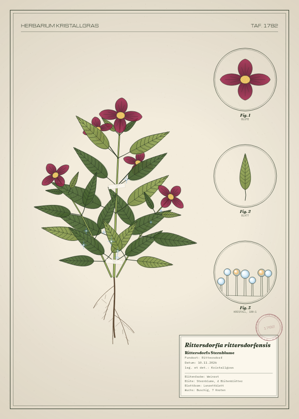 Botanische Tafel: Rittersdorfia rittersdorfensis, eine erfundene Pflanze aus Rittersdorf, gezeichnet wie in einem alten Pflanzenatlas