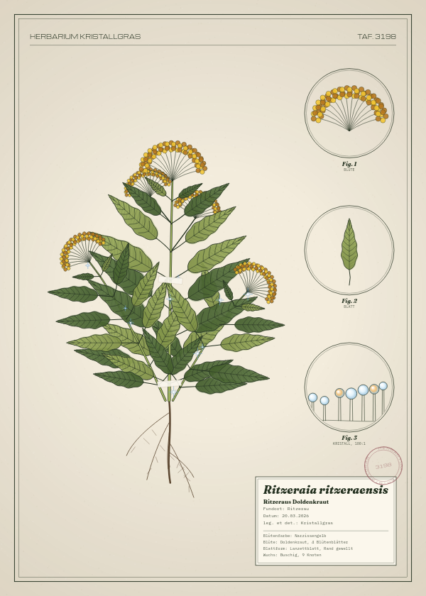 Botanische Tafel: Ritzeraia ritzeraensis, eine erfundene Pflanze aus Ritzerau, gezeichnet wie in einem alten Pflanzenatlas