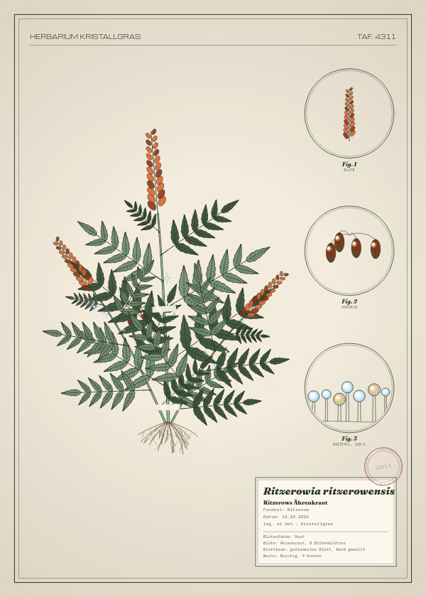 Botanische Tafel: Ritzerowia ritzerowensis, eine erfundene Pflanze aus Ritzerow, gezeichnet wie in einem alten Pflanzenatlas