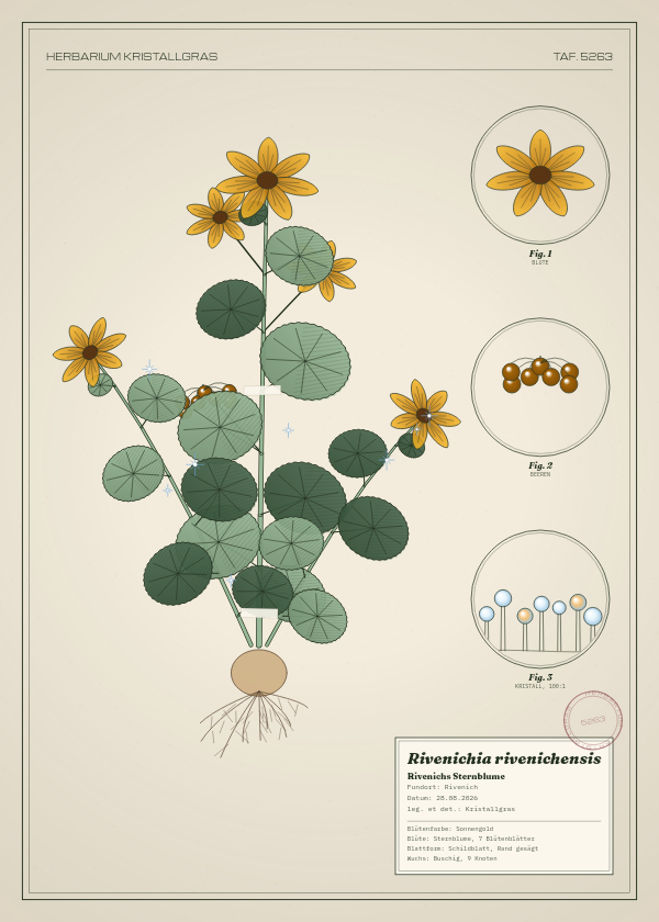 Botanische Tafel: Rivenichia rivenichensis, eine erfundene Pflanze aus Rivenich, gezeichnet wie in einem alten Pflanzenatlas
