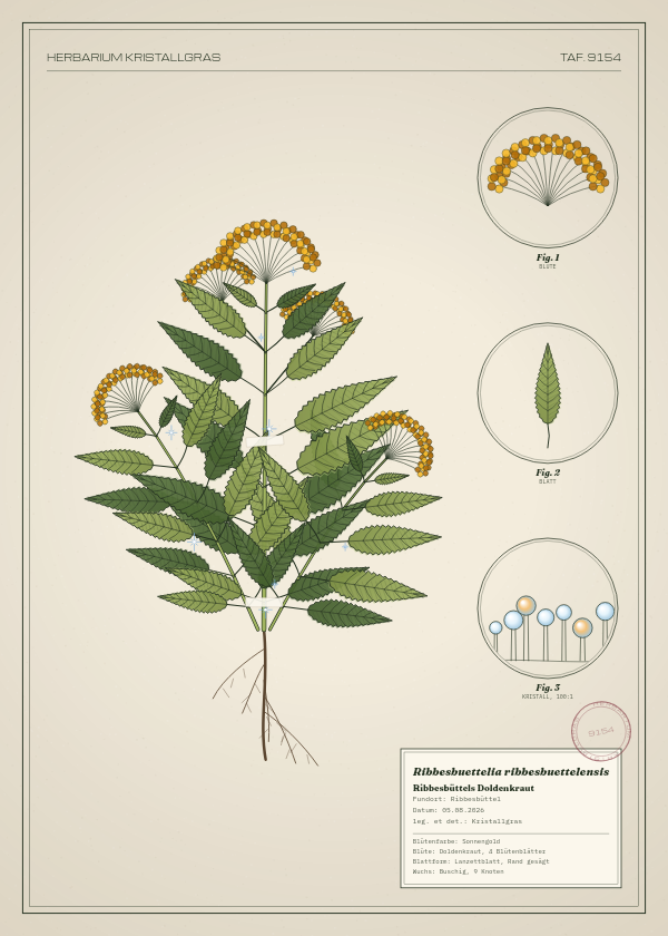 Botanische Tafel: Ribbesbuettelia ribbesbuettelensis, eine erfundene Pflanze aus Ribbesbüttel, gezeichnet wie in einem alten Pflanzenatlas