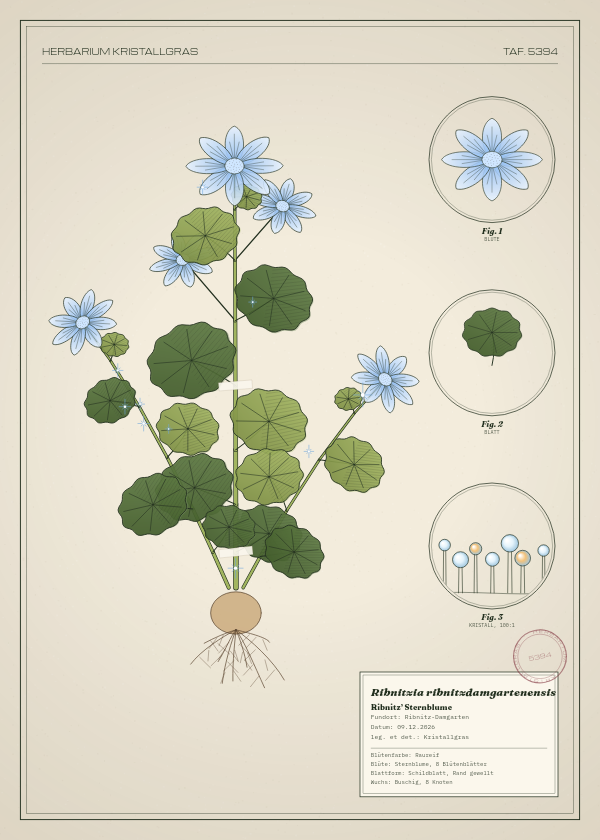 Botanische Tafel: Ribnitzia ribnitzdamgartenensis, eine erfundene Pflanze aus Ribnitz-Damgarten, gezeichnet wie in einem alten Pflanzenatlas