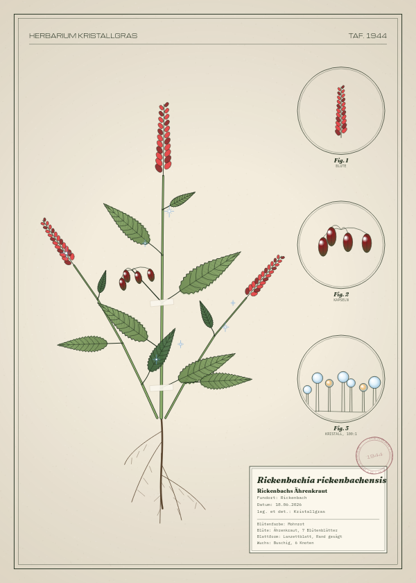 Botanische Tafel: Rickenbachia rickenbachensis, eine erfundene Pflanze aus Rickenbach, gezeichnet wie in einem alten Pflanzenatlas