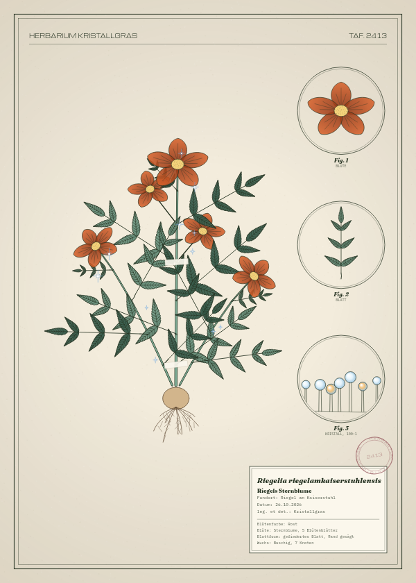 Botanische Tafel: Riegelia riegelamkaiserstuhlensis, eine erfundene Pflanze aus Riegel am Kaiserstuhl, gezeichnet wie in einem alten Pflanzenatlas