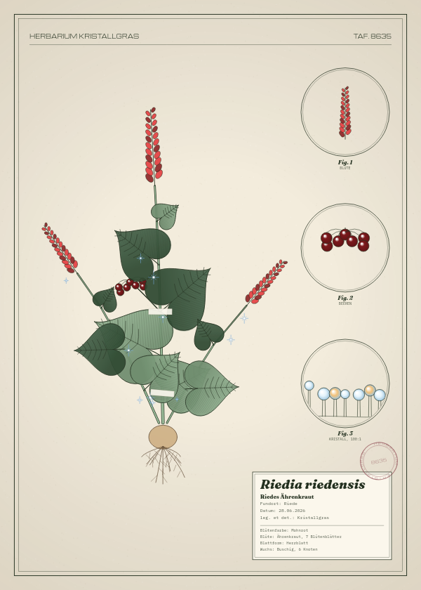 Botanische Tafel: Riedia riedensis, eine erfundene Pflanze aus Riede, gezeichnet wie in einem alten Pflanzenatlas